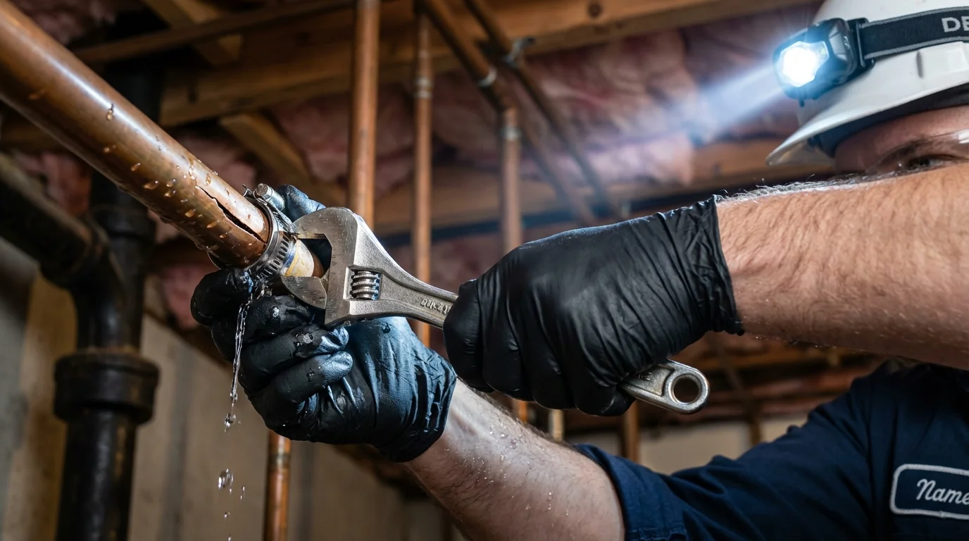 Emergency pipe clamp repair being performed by a Johns Plumbing LLC plumber in Melrose