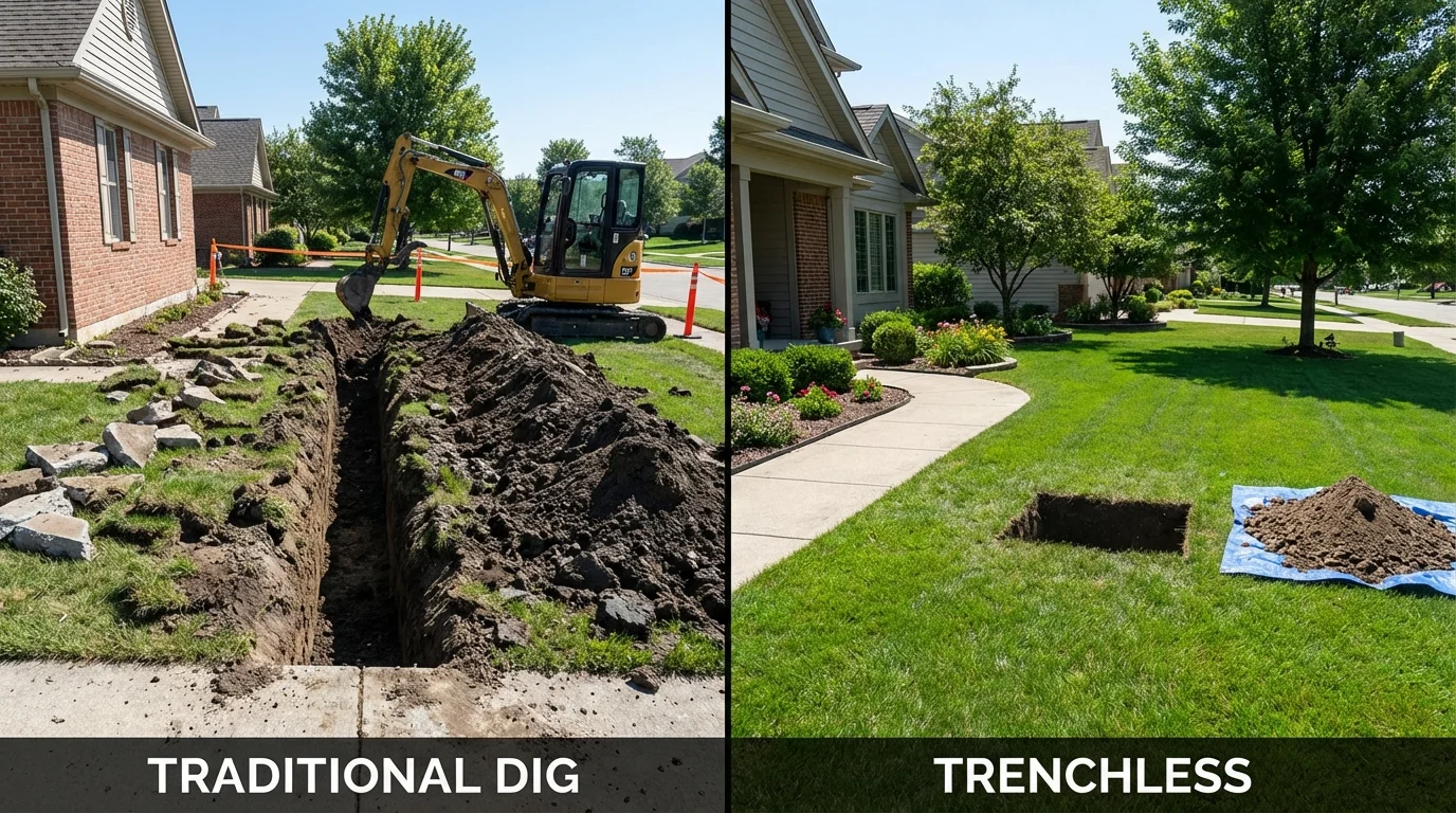 Trenchless sewer repair with minimal yard damage versus traditional excavation in Melrose, NY