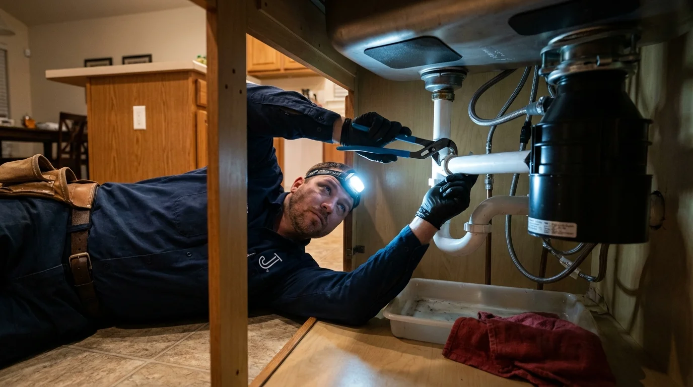 P-trap and supply line connections under a kitchen sink showing a common leak point in Melrose, NY